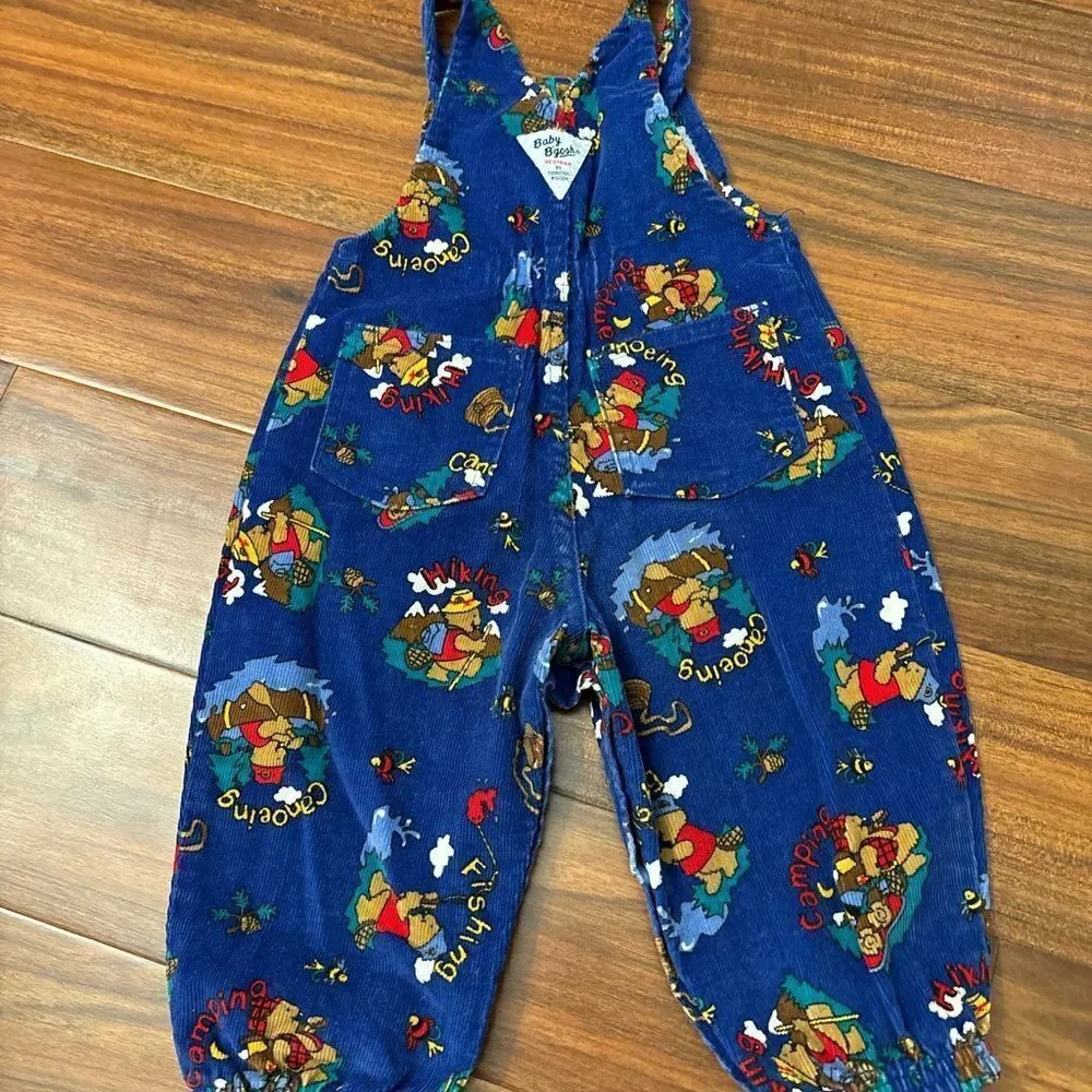 Osh Kosh B’Gosh vintage corduroy blue bear hiking fishing camping overalls